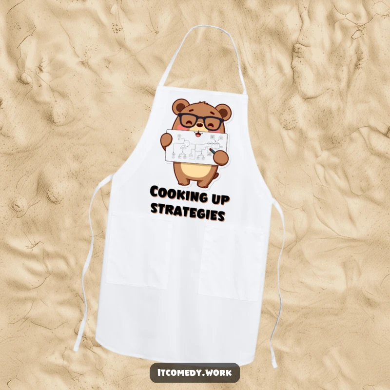 Funny happy bear character in glasses pointing at a complex flowchart, on an apron, blending kitchen strategy with humor.