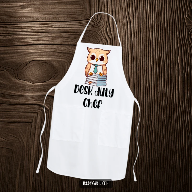 Funny Owl Organizer Apron with a diligent owl in a tie, ideal for organized cooking, a unique funny gift.