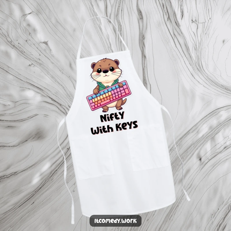 A funny otter in a chef's vest is hilariously holding a large computer keyboard while pretending to cook in the kitchen.