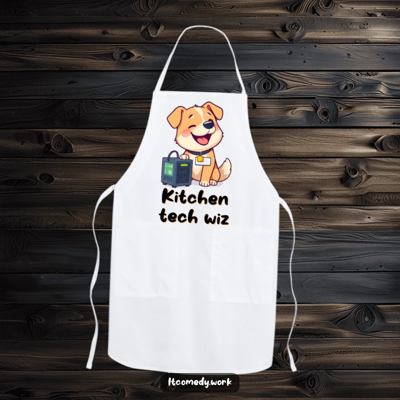 A funny dog wearing a chef's hat and nametag is humorously fixing a small, glowing server in a kitchen setting.