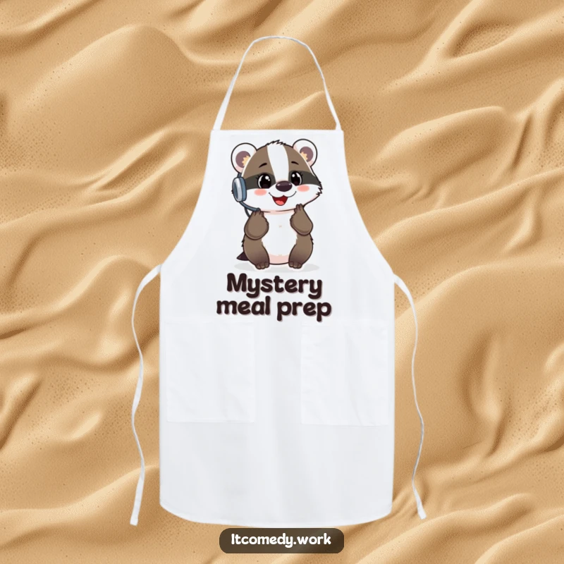 Funny Badger Support Apron with a cheerful badger wearing a headset, ideal for helpful cooking, a unique funny gift.