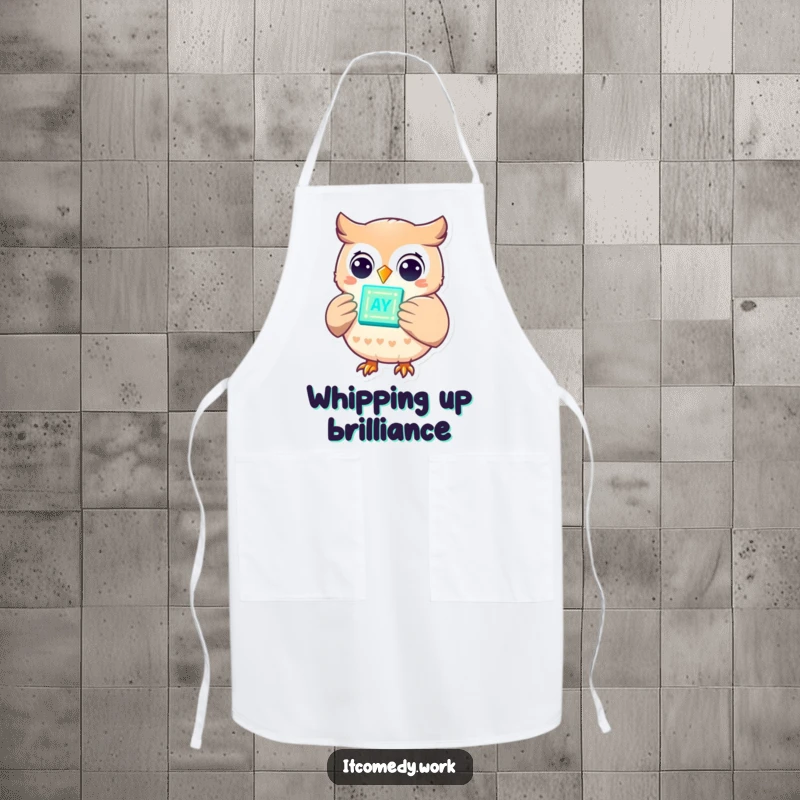 Funny cheerful owl character holding a glowing data chip, on an apron, blending tech humor with kitchen practicality.