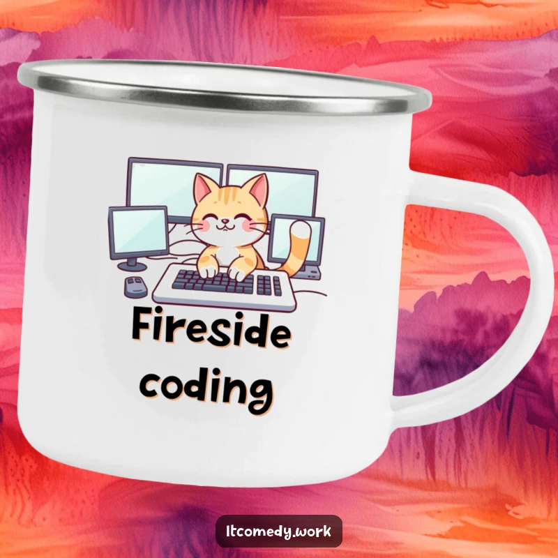 Funny playful cat character typing on a large keyboard with multiple monitors, on a camping mug for humorous outdoor tech trips.