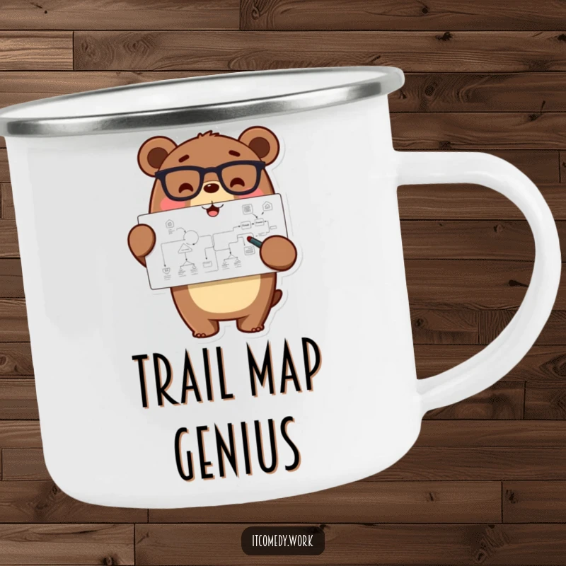 Funny happy bear character in glasses pointing at a complex flowchart, on a camping mug for smart, humorous outdoor planning.