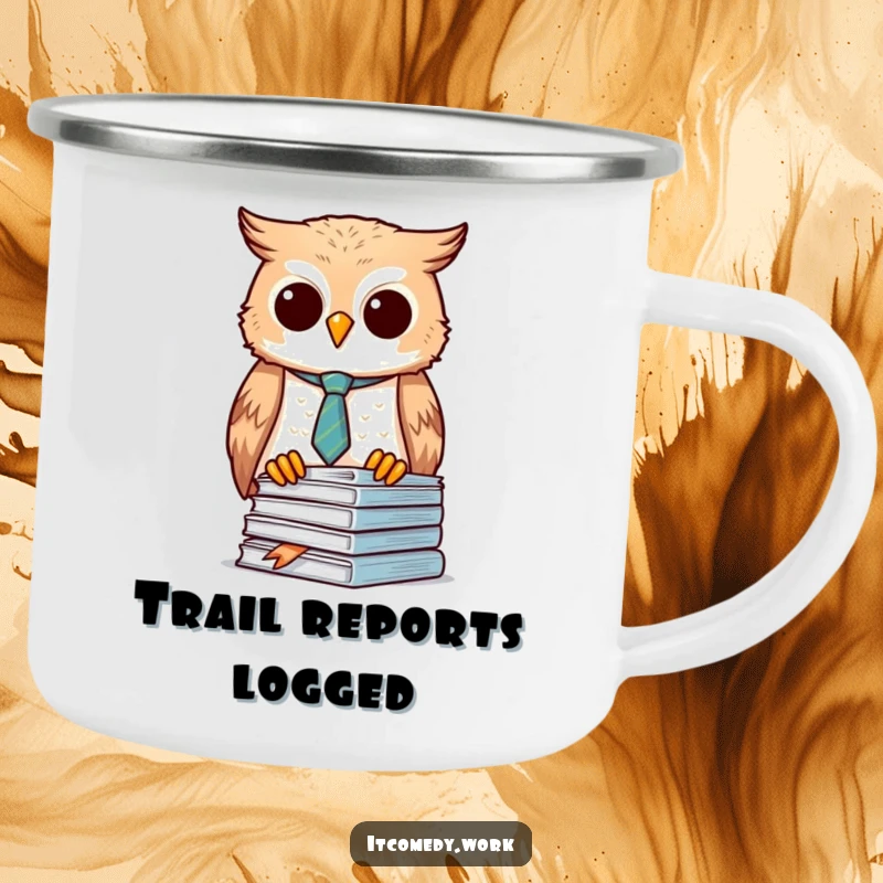Funny Owl Organizer Camping Mug with a diligent owl in a tie, perfect for outdoor organization, an adventurous funny gift.