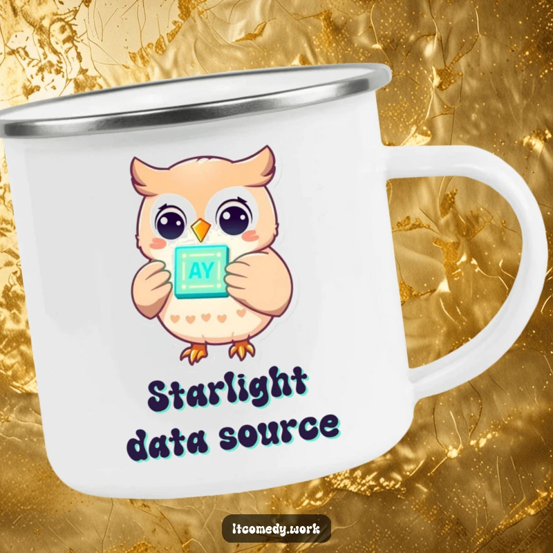 Funny cheerful owl character holding a glowing data chip, on a camping mug, representing smarts and fun for outdoor trips.