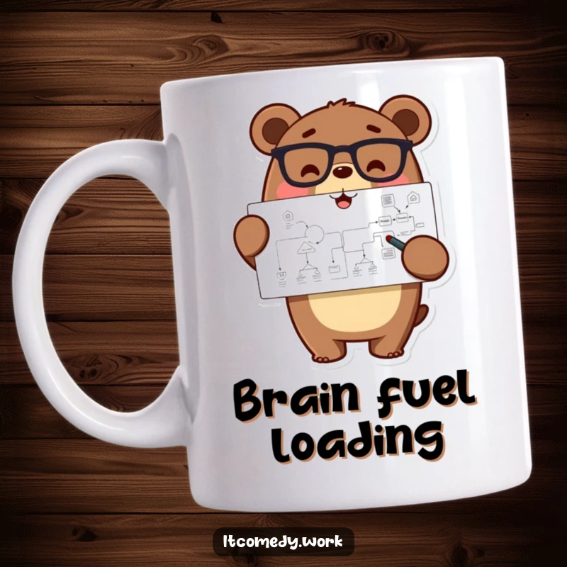 Funny happy bear character in glasses, pointing at a complex flowchart, embodying smart planning and cheerful problem-solving.