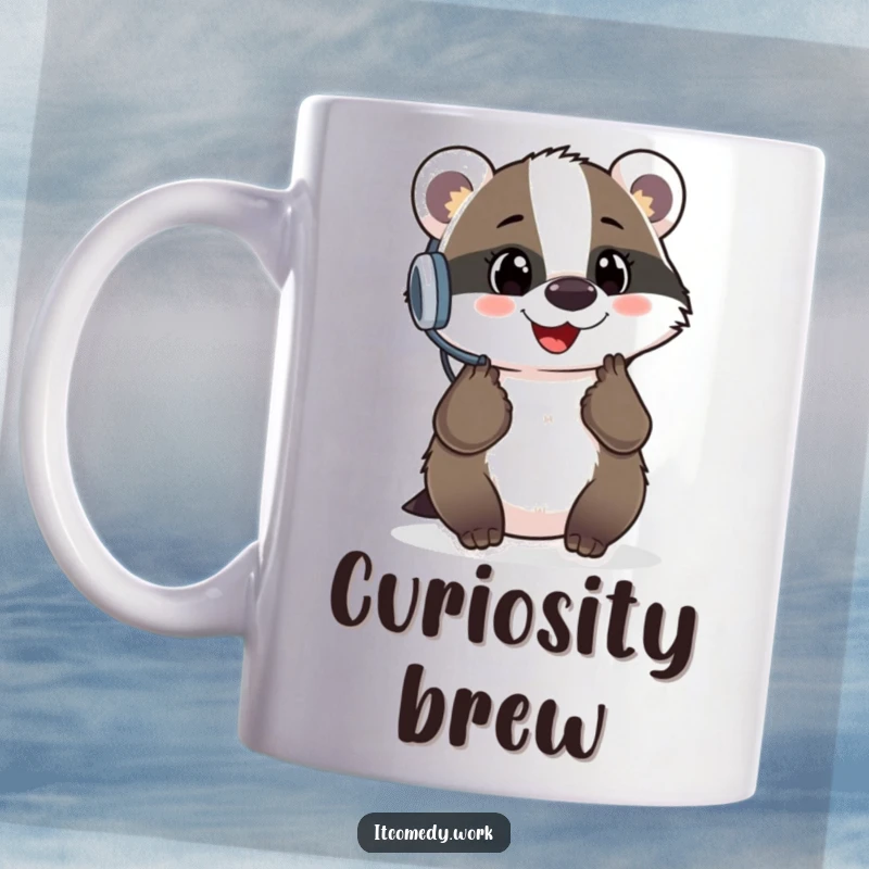 Funny Badger Support Mug featuring a cheerful badger with a headset, answering a glowing question mark, a fun funny gift.