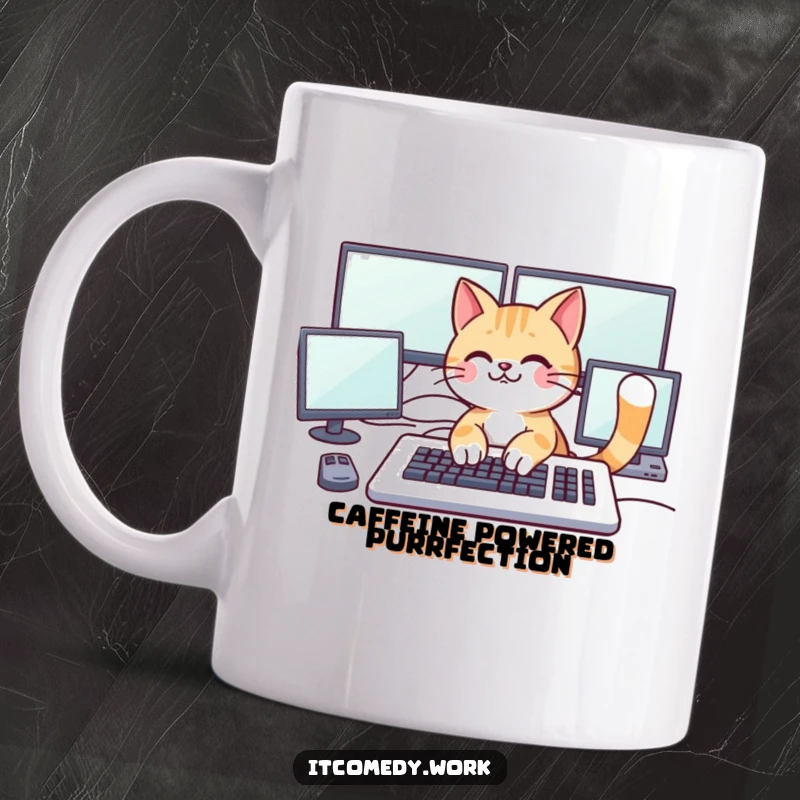 Funny playful cat character typing rapidly on a large keyboard with multiple monitors, embodying tech obsession and humor.