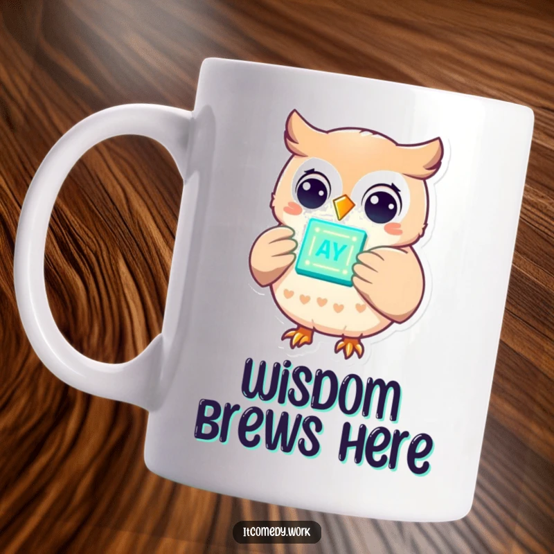 Funny cheerful owl character holding a glowing data chip with twinkling lights, symbolizing intelligence and technology.