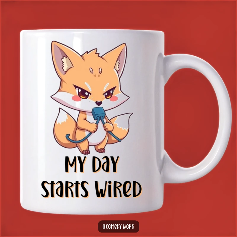 Funny IT Fox Mug: Determined Techie Holding Network Cable, Perfect Funny Gift for Geeks