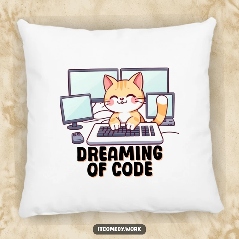 Funny playful cat character typing on a large keyboard with multiple monitors, featured on a pillow for cozy tech humor.