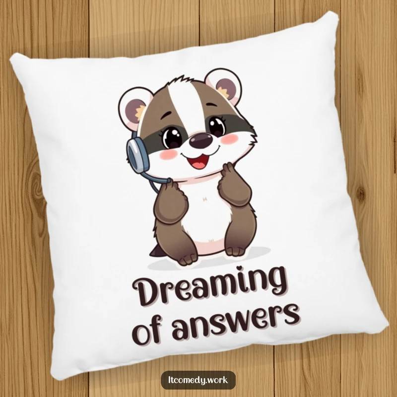 Funny Badger Support Pillow featuring a cheerful badger with a headset, designed for comfort and assistance, a cute funny gift.