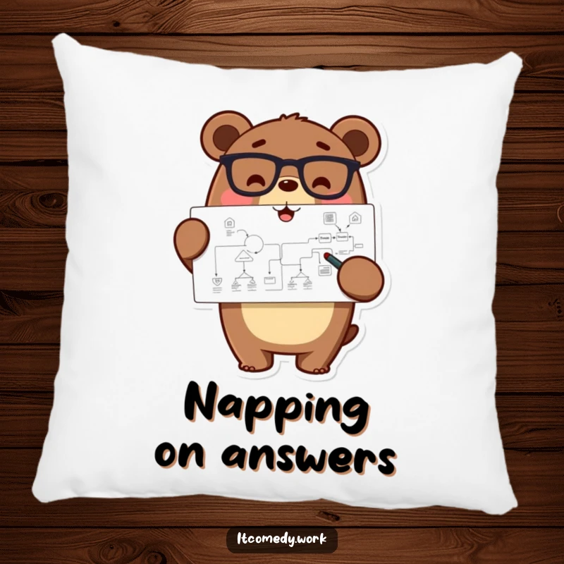 Funny happy bear character in glasses pointing at a complex flowchart, featured on a pillow for smart, humorous comfort.