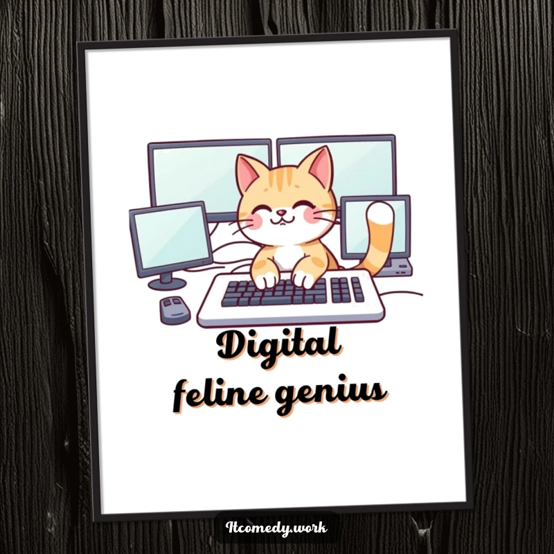 Funny playful cat character typing on a large keyboard with multiple monitors, as a digital art print for instant humorous decor.