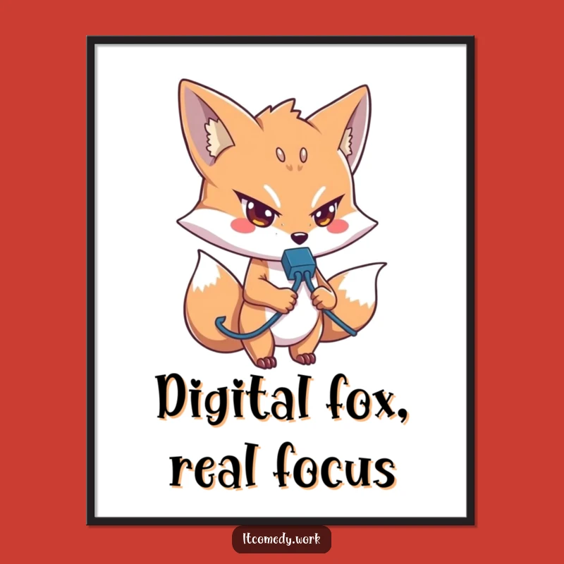 Funny IT Fox Digital Art: Determined Network Cable Fox Print, Instant Funny Gift for Geeks