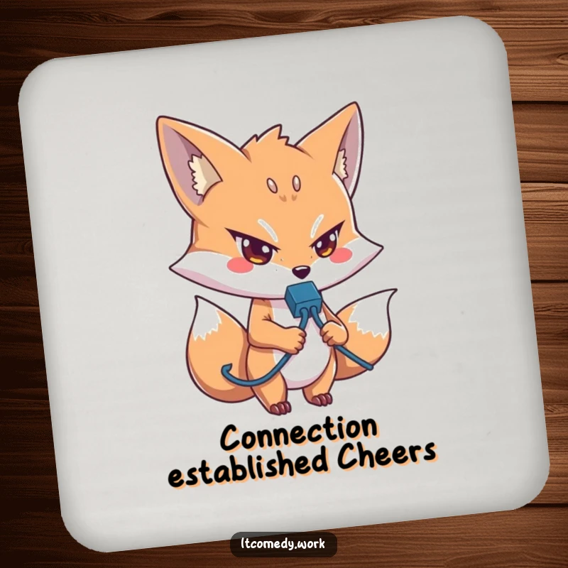 Funny IT Fox Coaster: A determined fox holding a network cable, protecting surfaces stylishly, a humorous and funny gift.