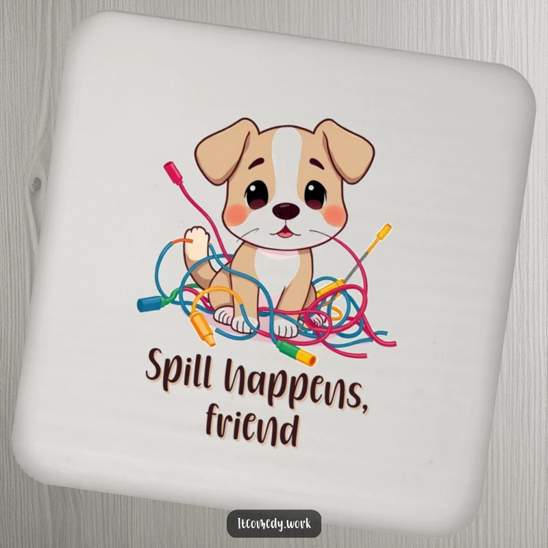 Funny curious dog character examining a tangled mess of colorful wires, on a drink coaster for humorous tech surface protection.