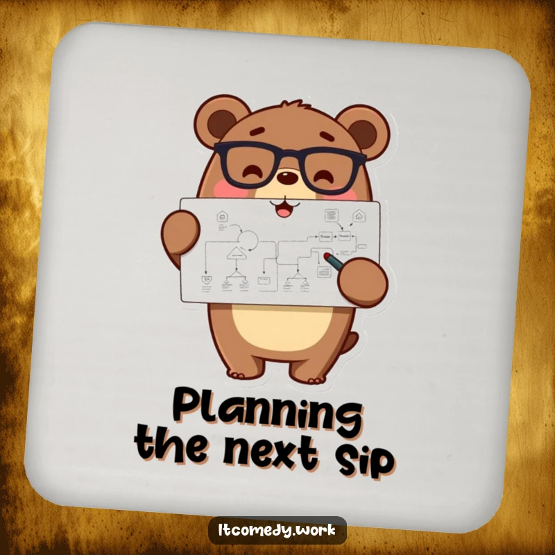 Funny happy bear character in glasses pointing at a complex flowchart, on a drink coaster for smart, humorous surface protection.
