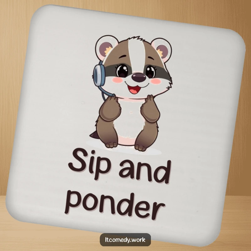 Funny Badger Support Coasters featuring a cheerful badger with a headset, protecting surfaces with helpfulness, a quirky funny gift.