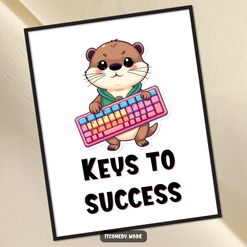Funny otter in a tiny vest holding a massive, colorful keyboard against a vibrant background, exuding playful energy.