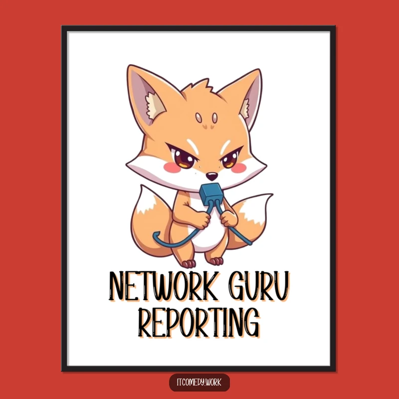 Funny IT Fox Poster: Determined Network Cable Solver Art, Humorous Wall Decor Funny Gift