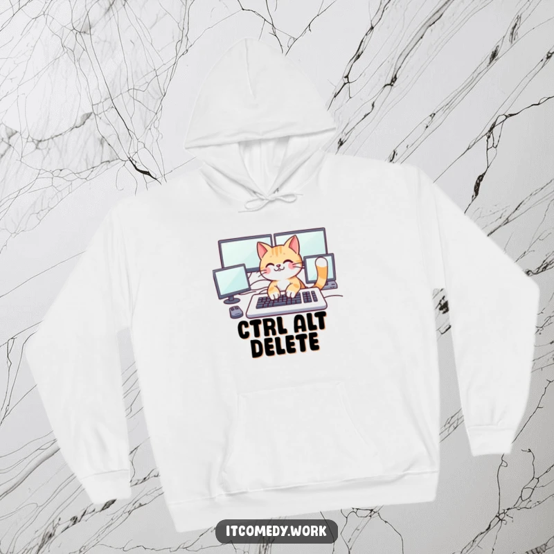 Funny playful cat character typing on a large keyboard with multiple monitors, on a cozy hoodie for tech lovers.