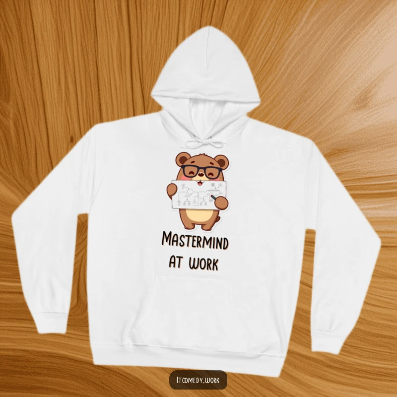 Funny happy bear character in glasses, pointing at a detailed flowchart, on a cozy hoodie for intelligent comfort.