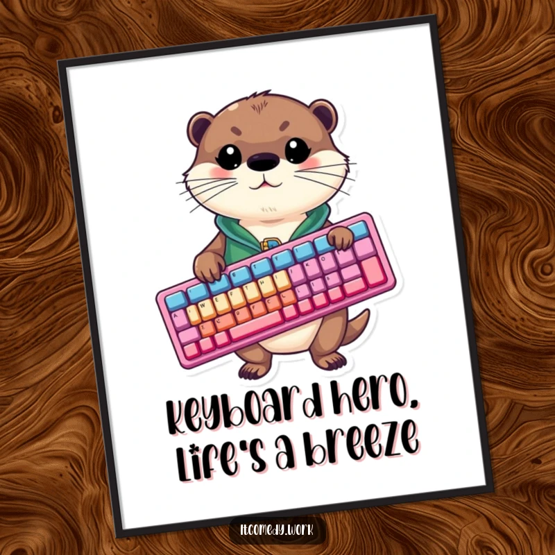 Funny free printable wall art of a smiling otter wearing a vest, holding a massive colorful keyboard, perfect for tech enthusiasts.