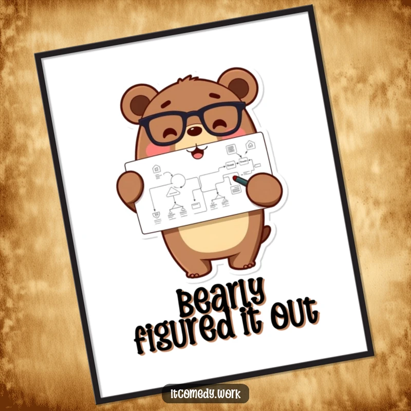 Funny Free Printable Wall Art: A happy bear wearing glasses points at a complex flowchart, illustrating a humorous master plan.