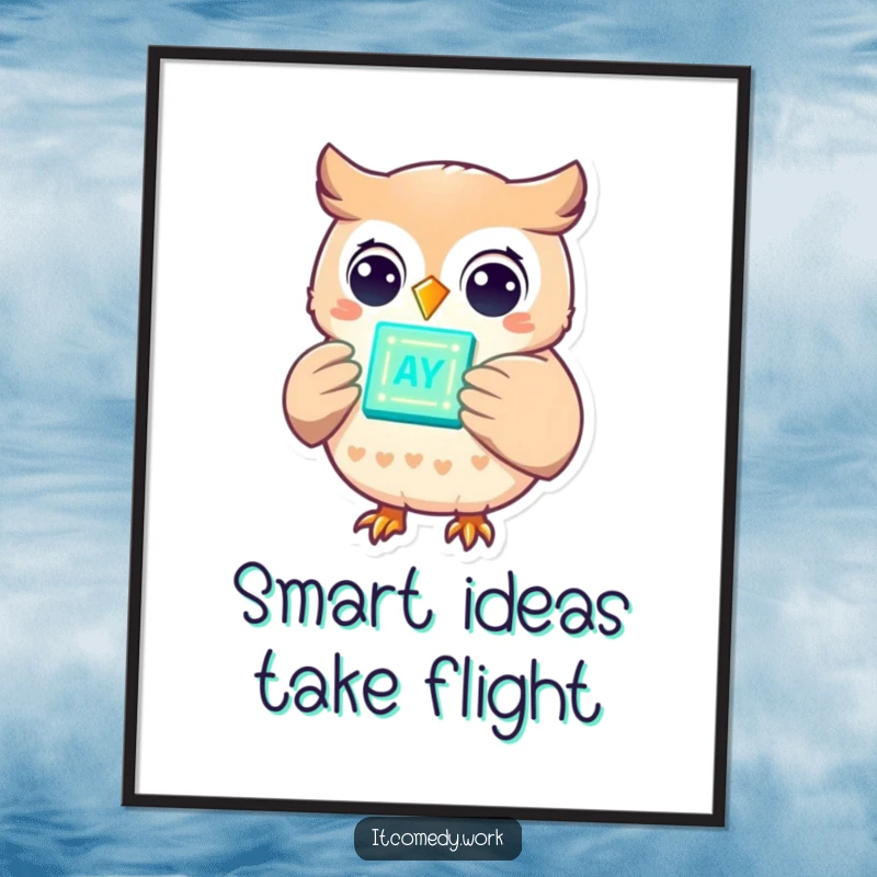 Funny Free Printable Wall Art: A cheerful owl holding a glowing data chip, creating a smart and twinkly tech zone.