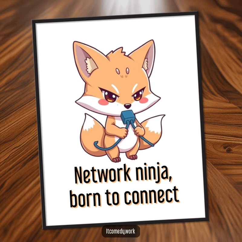 Funny Free Printable Fox Tech Wall Art: Determined fox intently holds a network cable, perfect for IT lovers.