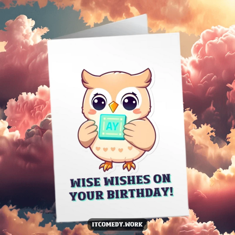Funny Free Printable Birthday Card: A cheerful owl holding a glowing data chip, representing intelligence and celebration.