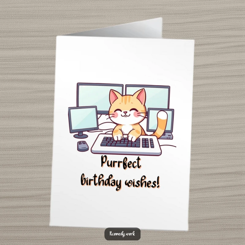 Funny Free Printable Birthday Card: A playful cat typing furiously on a large keyboard with multiple monitors.