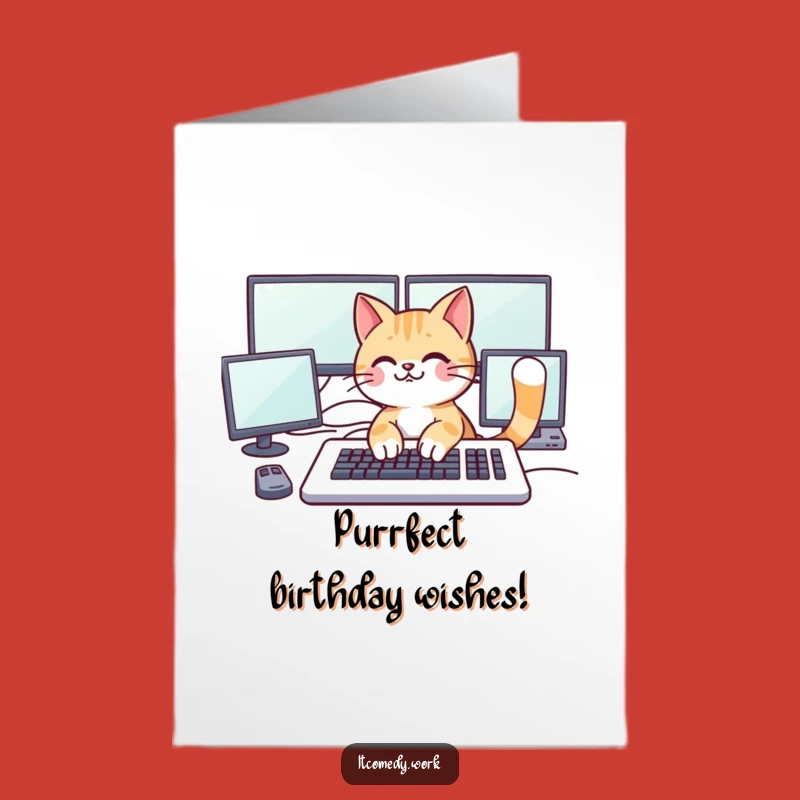 Free Printable Birthday Card: Cat Coder Celebrates - Funny Downloadable Gift