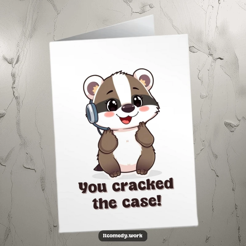 Funny Free Printable Congratulations Card, a cheerful badger in a headset, providing answers to a glowing question mark.