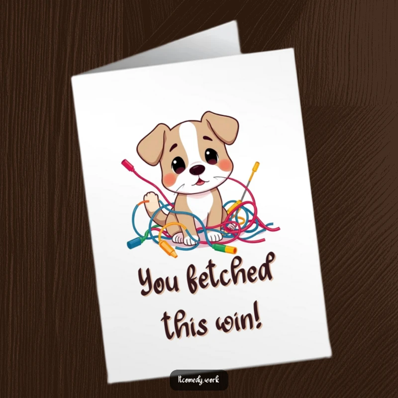 Funny Free Printable Congratulations Card: A curious dog examining a tangled mess of colorful wires, finding a solution.