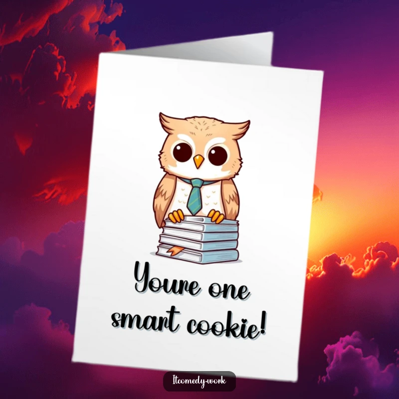 Funny Free Printable Congratulations Card, a diligent owl in a tie, organizing success for a job well done.