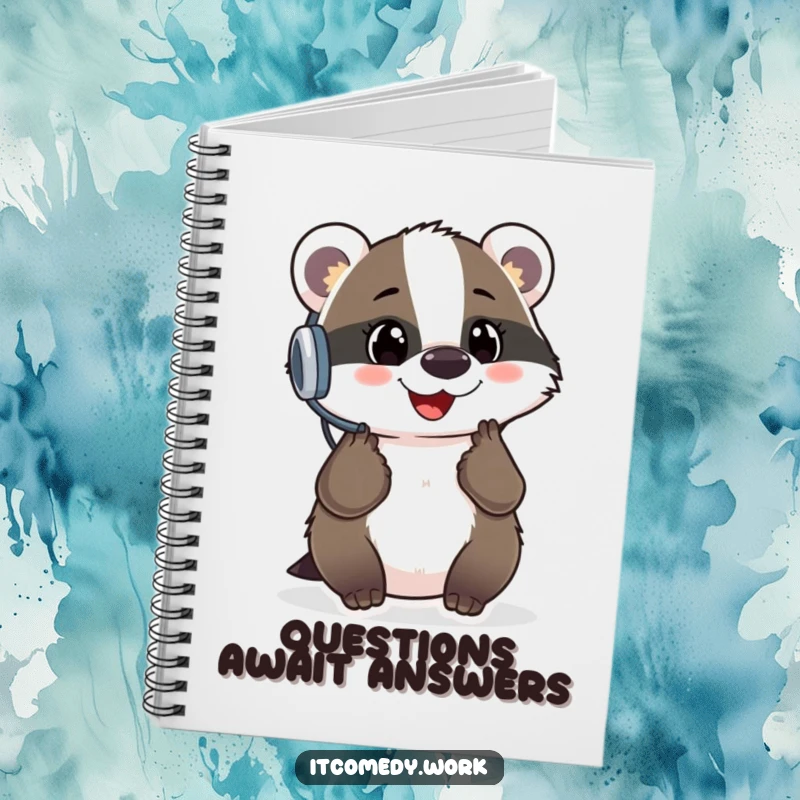 Funny Badger Support Notebook featuring a cheerful badger with a headset, perfect for notes, a useful funny gift.