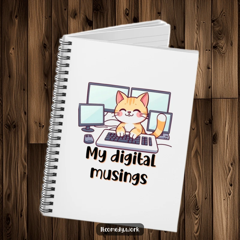 Funny playful cat character typing on a large keyboard with multiple monitors, on a notebook cover for humorous planning.