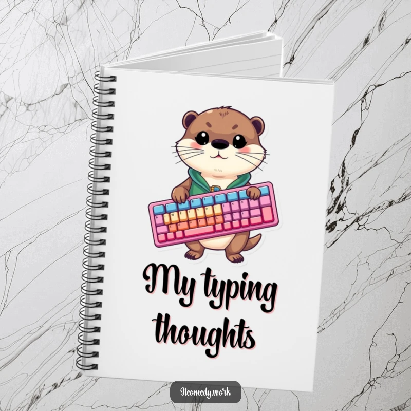 Front cover of a funny notebook featuring an otter in a small vest enthusiastically holding a giant colorful keyboard.