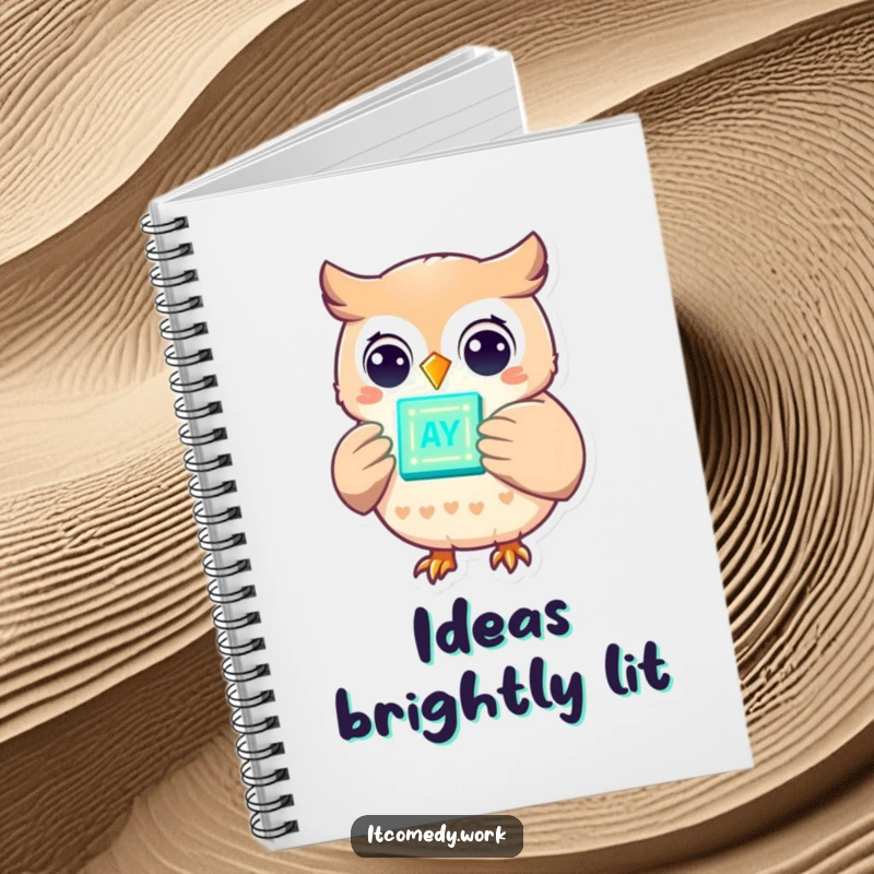 Funny cheerful owl character holding a glowing data chip, on a notebook cover for smart, humorous, and organized note-taking.