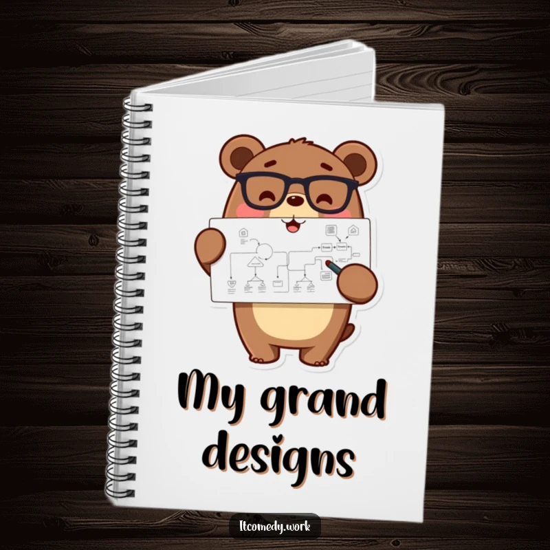 Funny happy bear character in glasses pointing at a complex flowchart, on a notebook cover for smart, humorous planning.