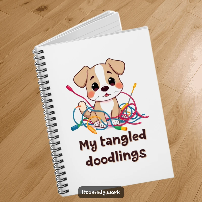 Funny curious dog character examining a tangled mess of colorful wires, on a notebook cover for humorous planning.