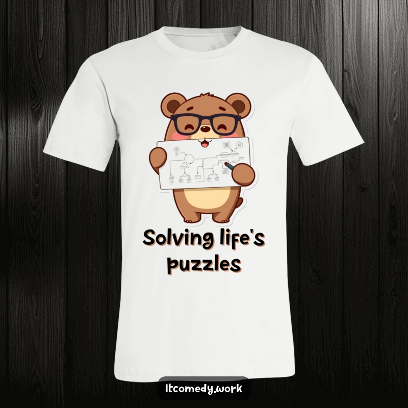 Funny happy bear character wearing glasses, pointing at a complex flowchart, printed on a t-shirt for smart humor.