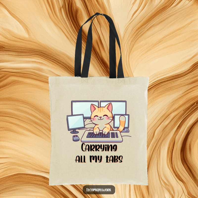 Funny playful cat character typing on a large keyboard with multiple monitors, on a tote bag for stylish tech transport.
