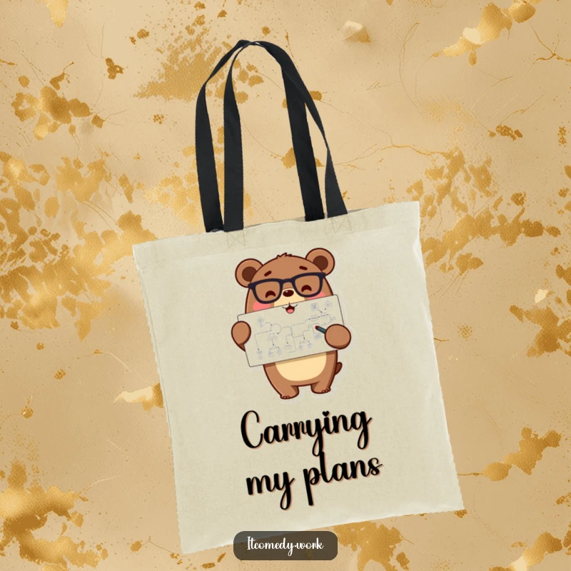 Funny happy bear character with glasses, pointing at a flowchart, on a tote bag for smart, humorous organization.