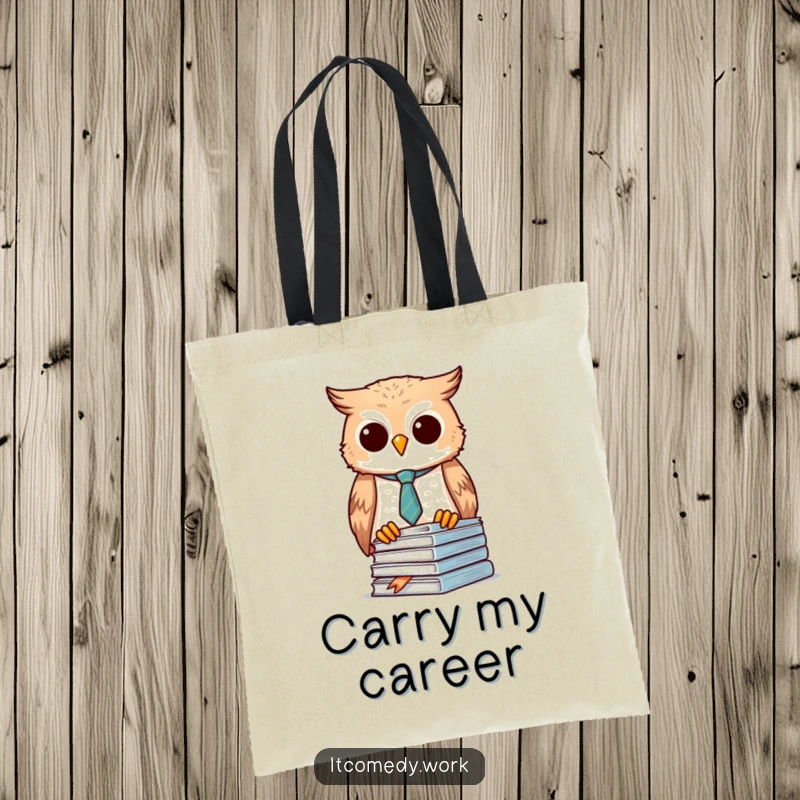 Funny Owl Organizer Tote Bag showing a diligent owl in a tie, organizing documents, a useful funny gift.