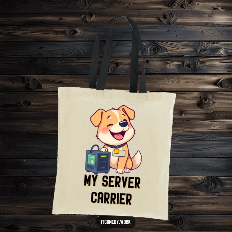 A happy dog with a nametag is humorously shown fixing a small, glowing computer server on this practical and funny tote bag.